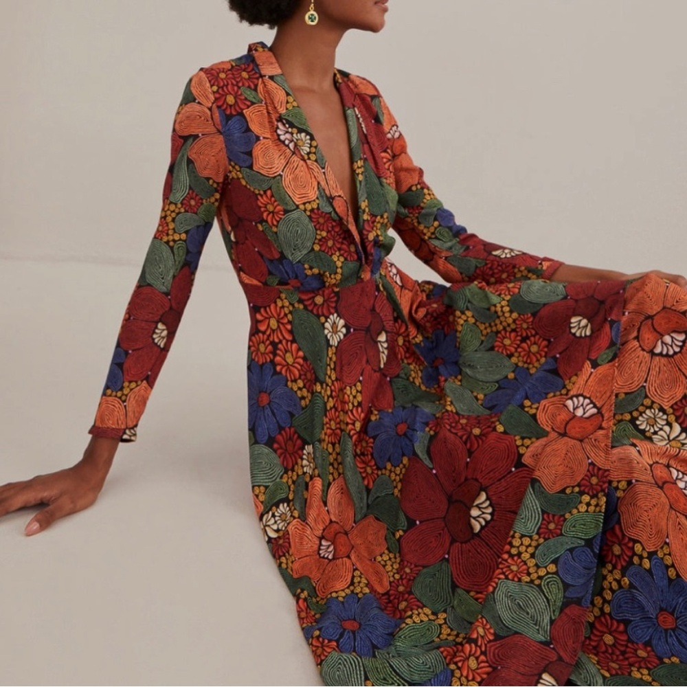 Farm Rio Black Stitched Flowers V Neck Maxi Dress Size Medium